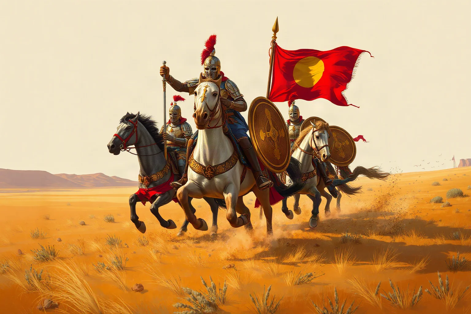 Illustration of Byzantine armored cavalry cataphracts charging across a plain