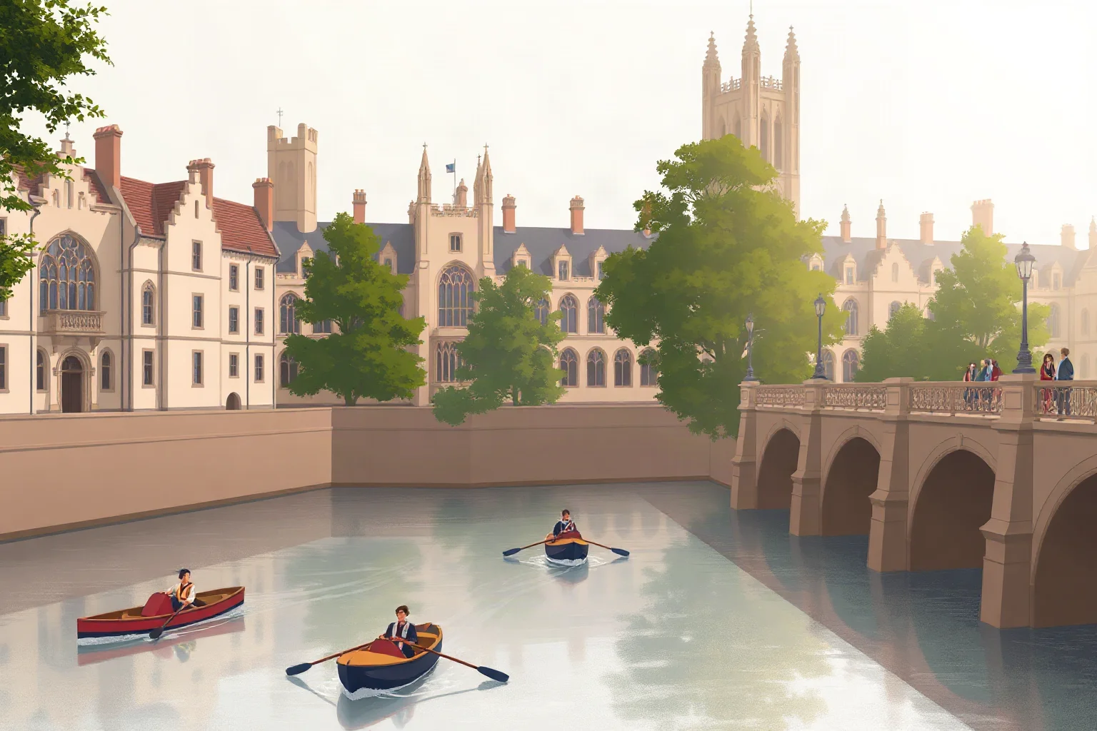Back to Class: The 20 Oldest Universities in the World 6 Illustration of Cambridge's riverside college buildings with punting boats on the water and academic gowns visible on a stone bridge, soft misty light