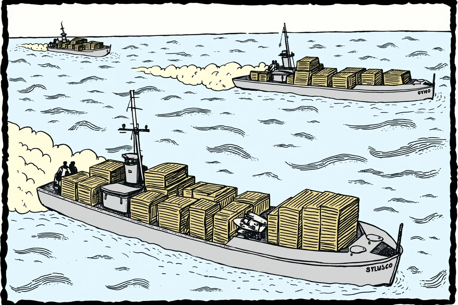 Illustration of cargo ships loaded with crates of weapons and supplies crossing the Atlantic Ocean, symbolizing Lend-Lease aid