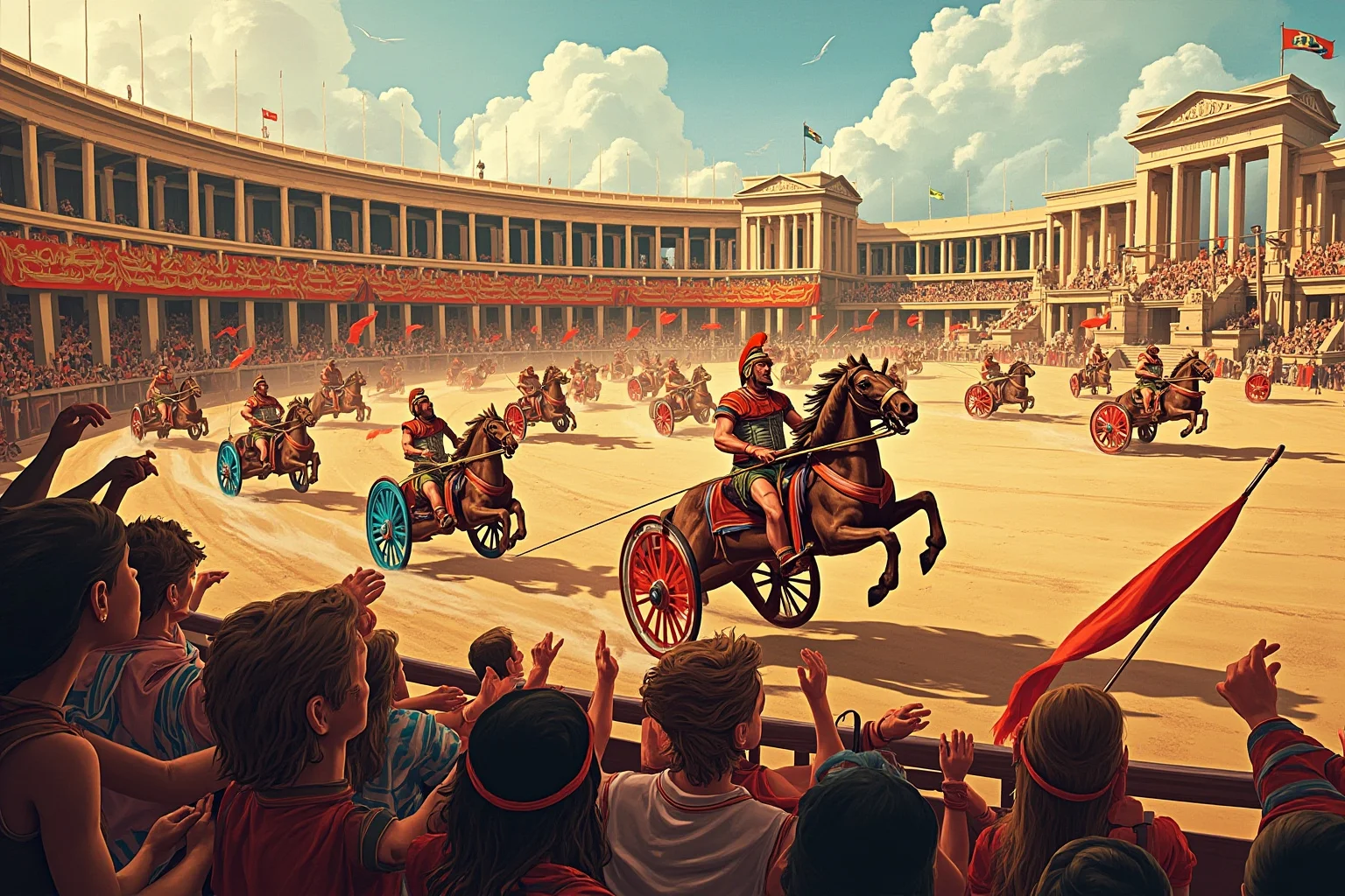 Illustration of chariots racing around the Circus Maximus with cheering crowds in colored faction banners