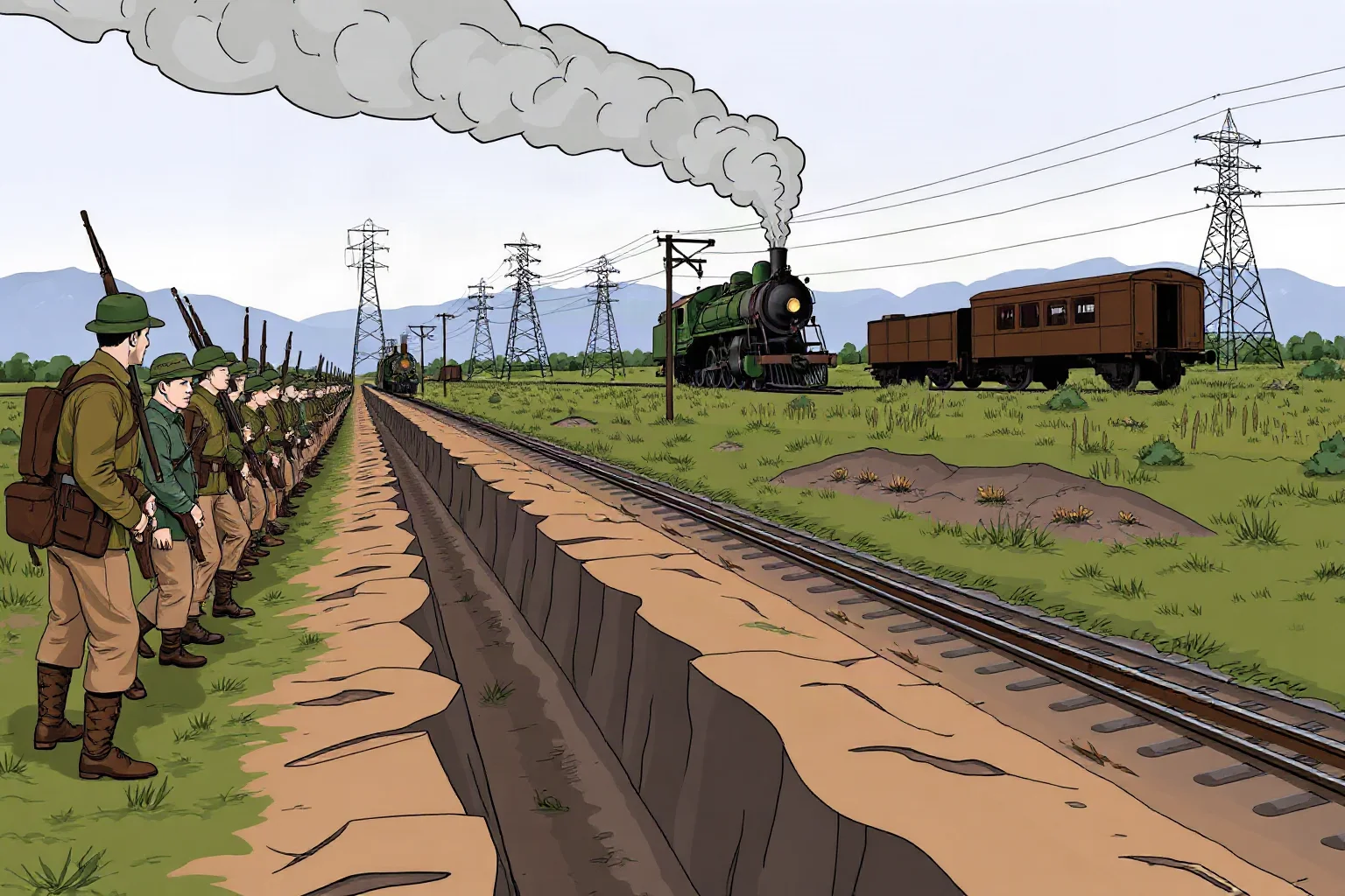 Illustration of Civil War-era soldiers in a dug trench line with a steam train and telegraph poles visible in the background