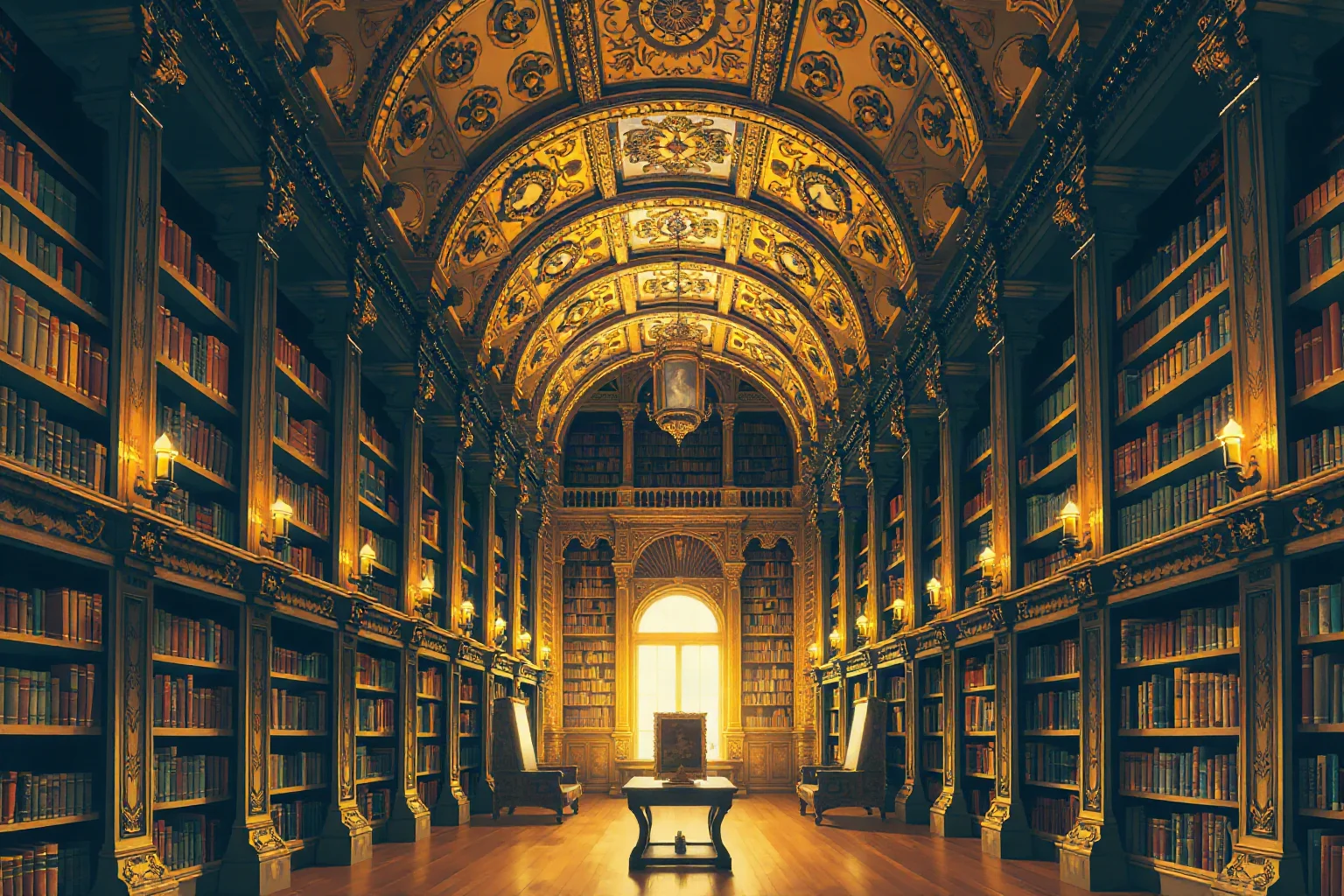 Illustration of Coimbra's ornate golden Joanina Library interior with tall bookshelves and soft candlelight