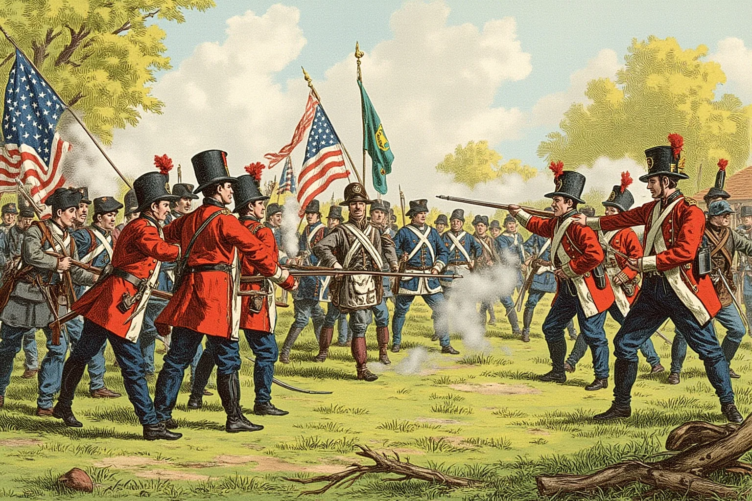 Illustration of colonial American militia facing British redcoats on a village green, historical style