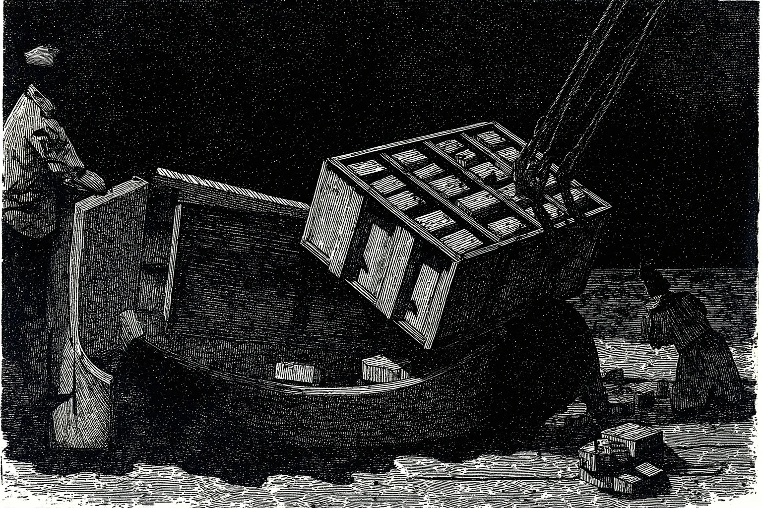 Illustration of colonial-era crates of tea being dumped into a harbor from a ship at night, silhouettes only, no identifiable faces