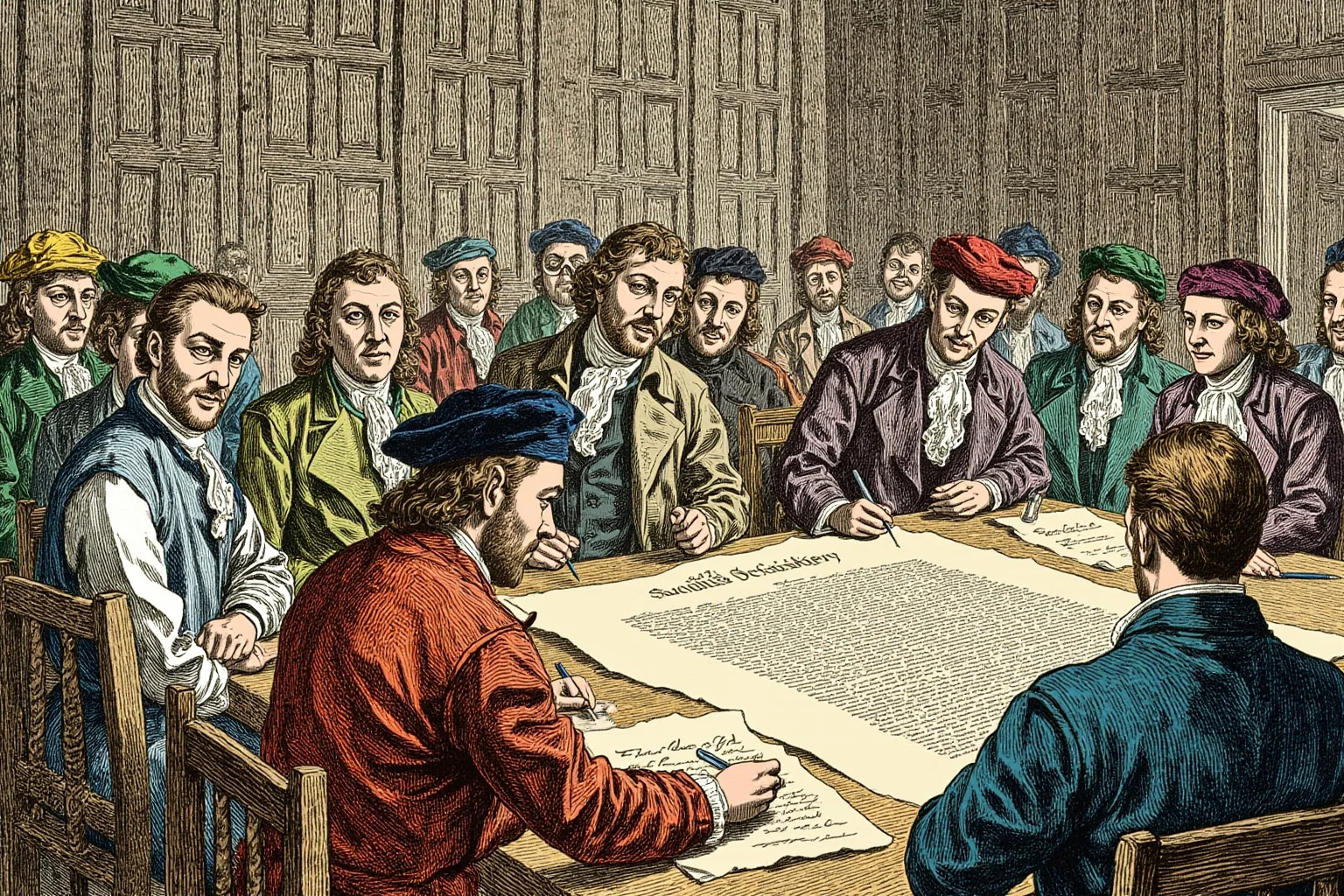 25 Most Memorable Dates in History (And Why They Still Matter) 9 Illustration of colonial-era delegates in a wood-paneled hall signing a large parchment document