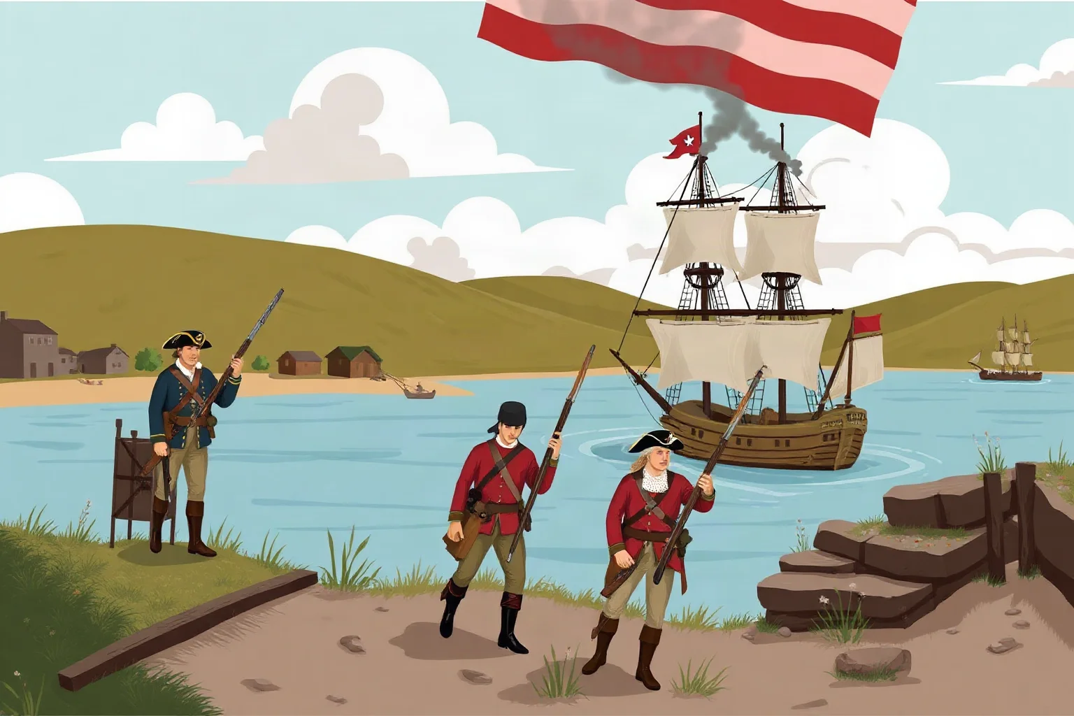 Illustration of colonial-era soldiers and a ship near a harbor representing the American Revolutionary War