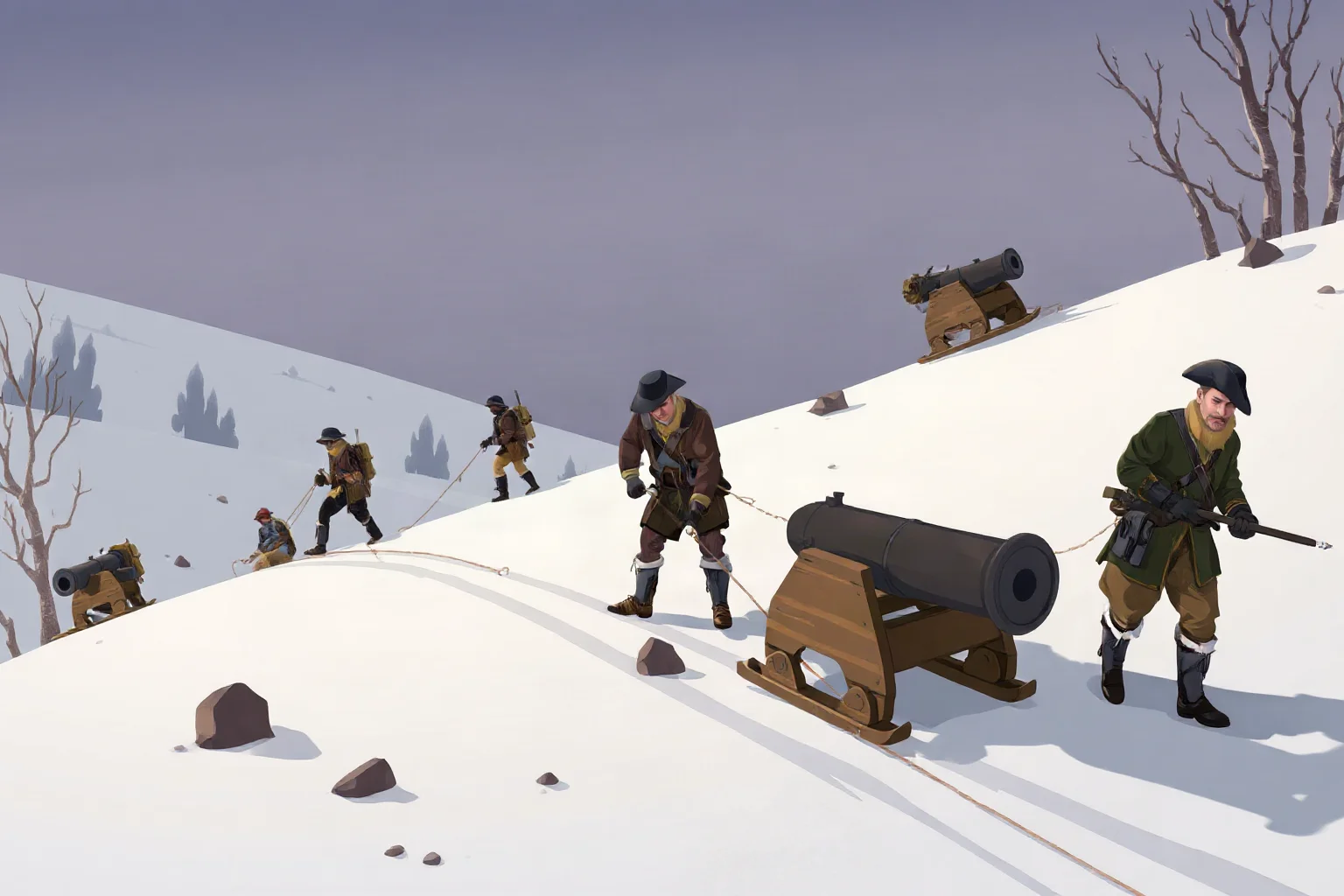 Illustration of colonial soldiers hauling large cannons on sledges across icy, hilly terrain