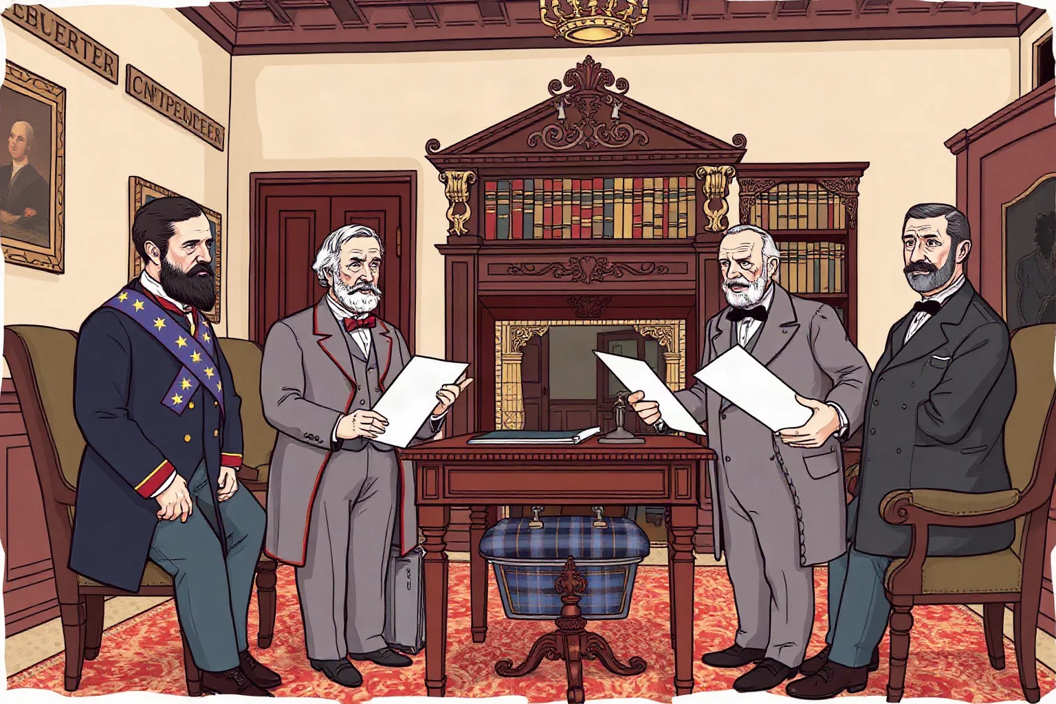 Illustration of Confederate diplomats presenting papers to European officials in an ornate 1860s office, respectful and non-caricatured