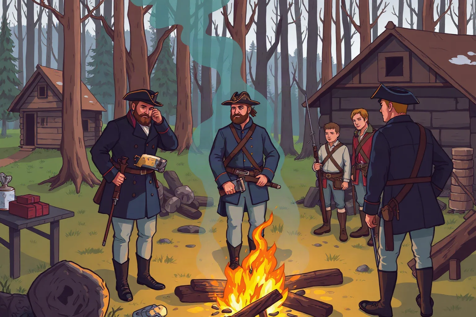 Illustration of Continental Army soldiers in blue coats standing near a campfire at Valley Forge style setting