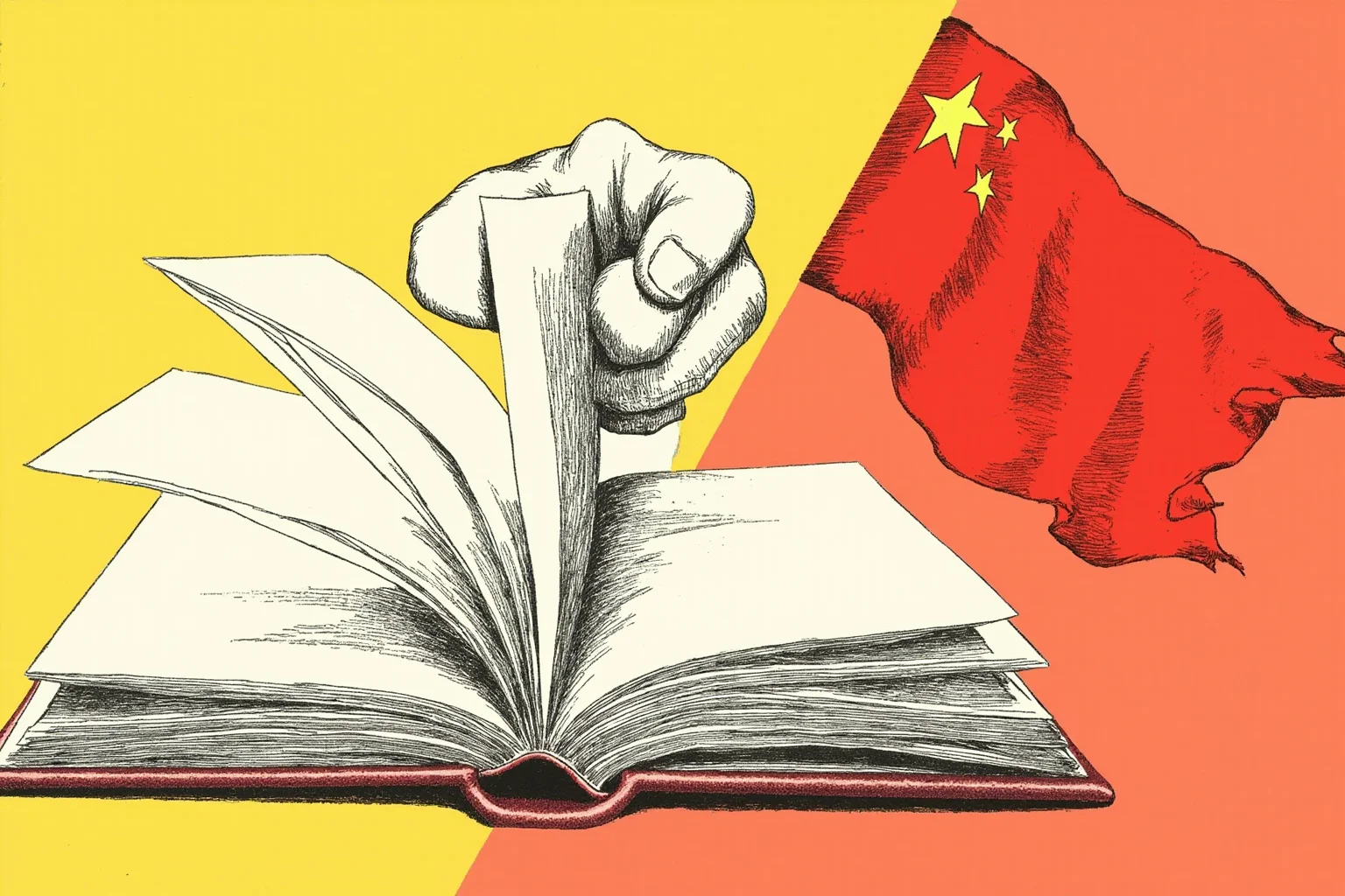 Illustration of contrasting symbols of democracy and authoritarianism, such as an open book and a clenched fist banner, side by side