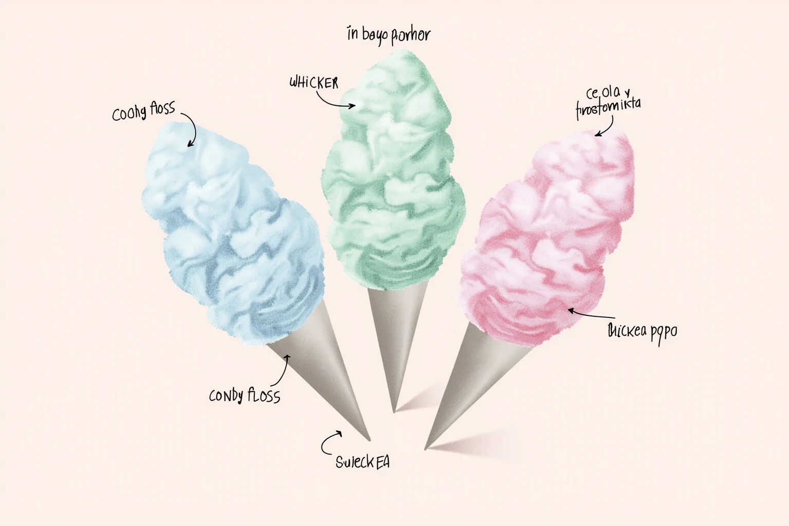 Illustration of cotton candy cones labeled with different world names like candy floss and barbe à papa