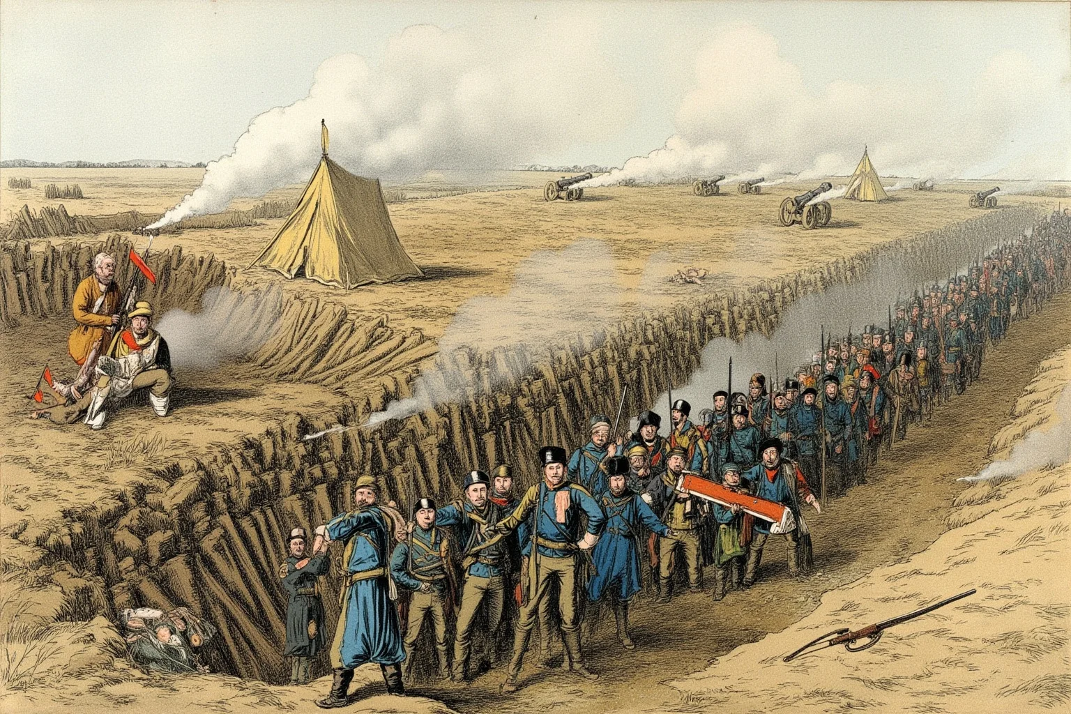 Illustration of Crimean War era soldiers in trenches with tents and cannons in the background