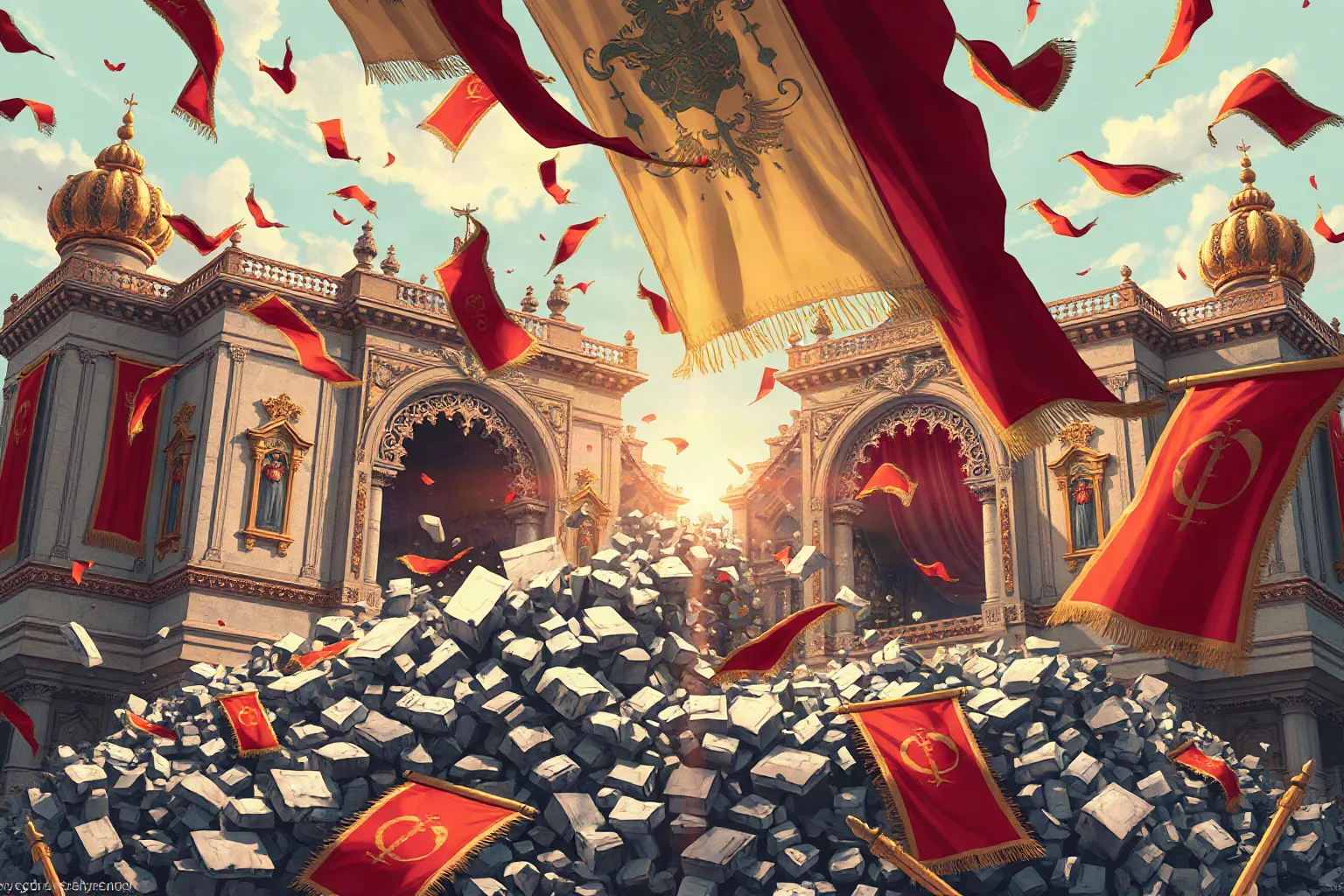 Illustration of crumbling ornate palace facades and falling imperial banners symbolizing collapsing empires