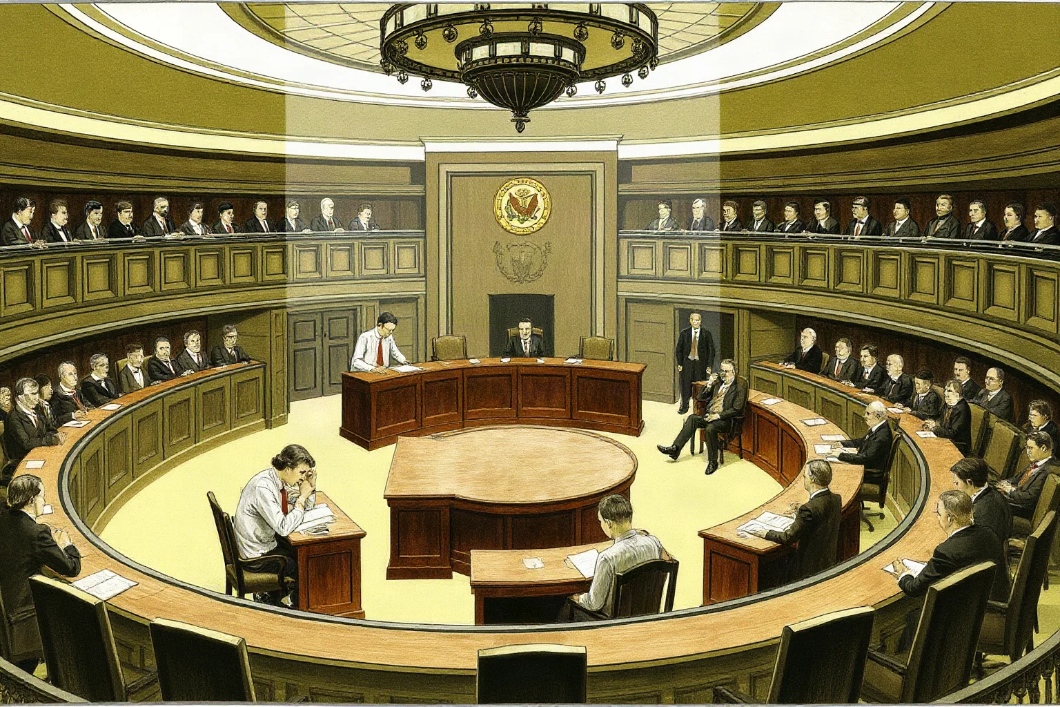 Illustration of delegates seated around a large round table in an early 20th-century assembly hall