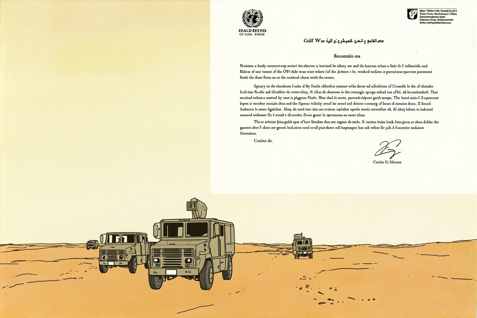 Illustration of desert military vehicles and a UN resolution document, Gulf War era