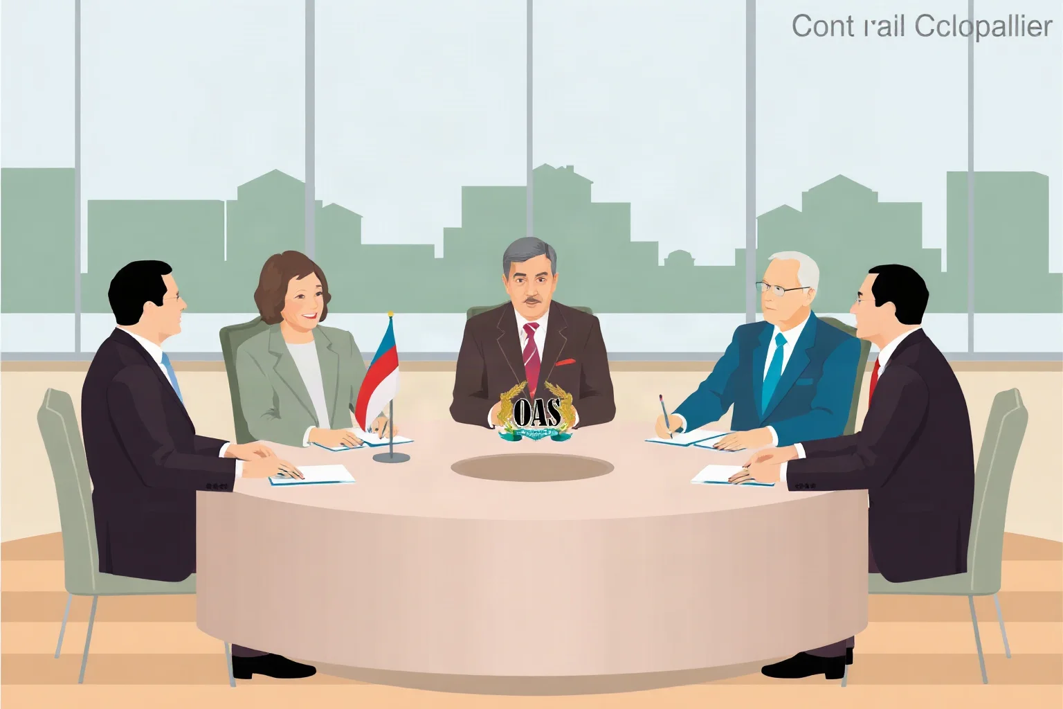 Illustration of diplomats at a round table with an OAS-style emblem, generic design