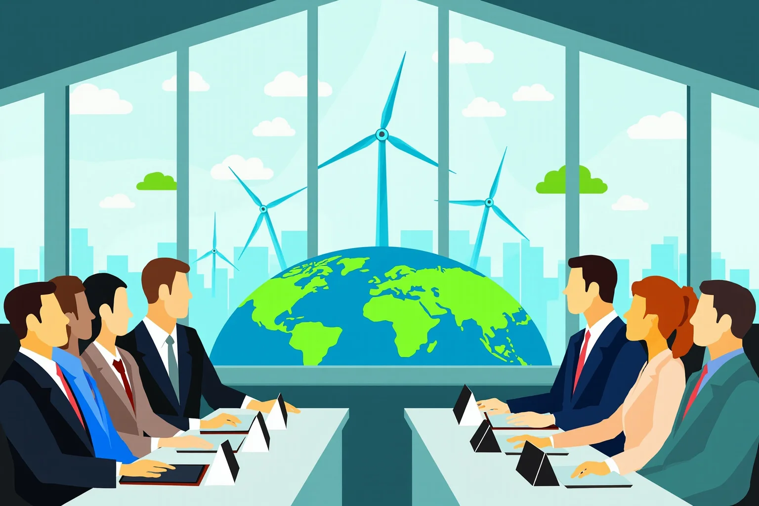 Illustration of diplomats from many nations around a globe with wind turbines and green energy icons, modern conference room