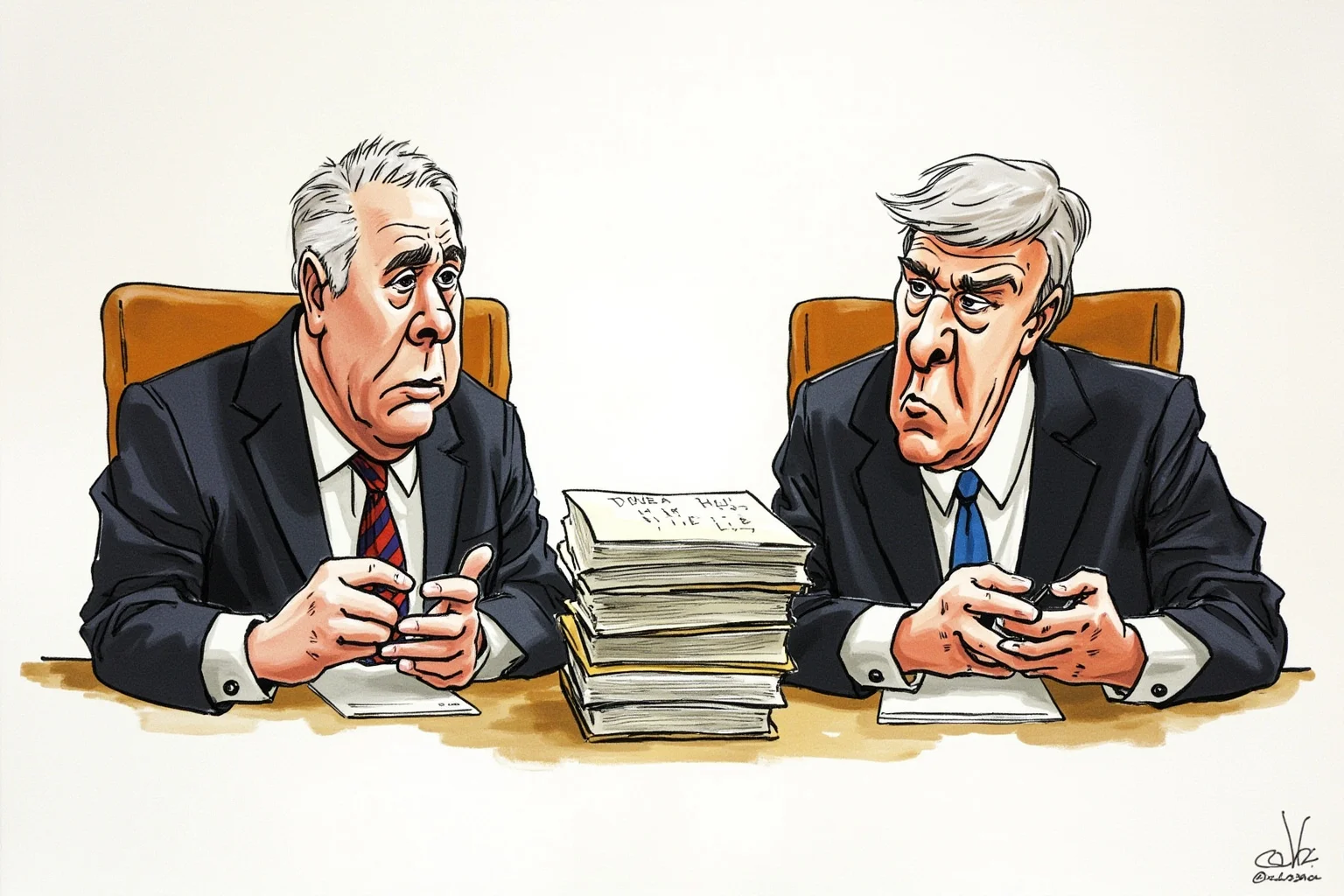 Illustration of diplomats seated at a formal negotiating table with tense expressions and a stack of documents between them