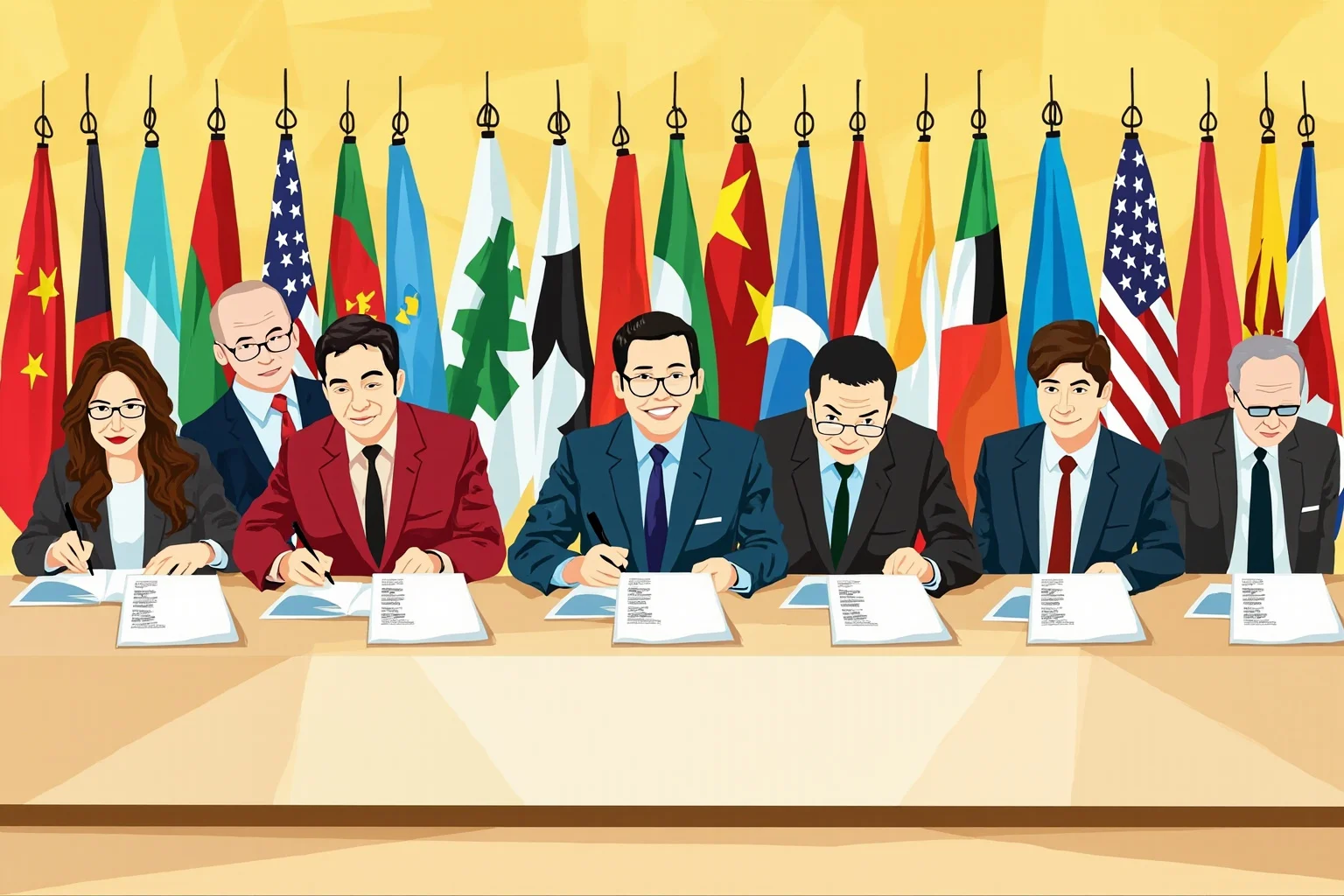 22 Historical Events That Will Restore Your Faith In Humanity 9 Illustration of diverse delegates seated around a large conference table signing a document, international flags displayed behind them