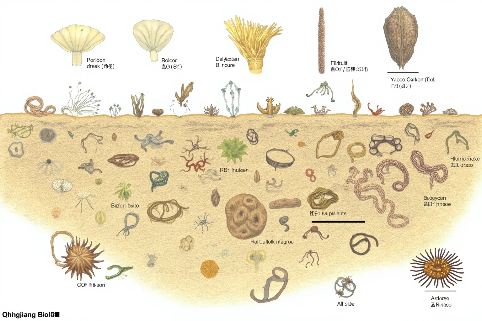 Illustration of diverse soft-bodied Cambrian creatures from the Qingjiang biota preserved on an ancient seafloor