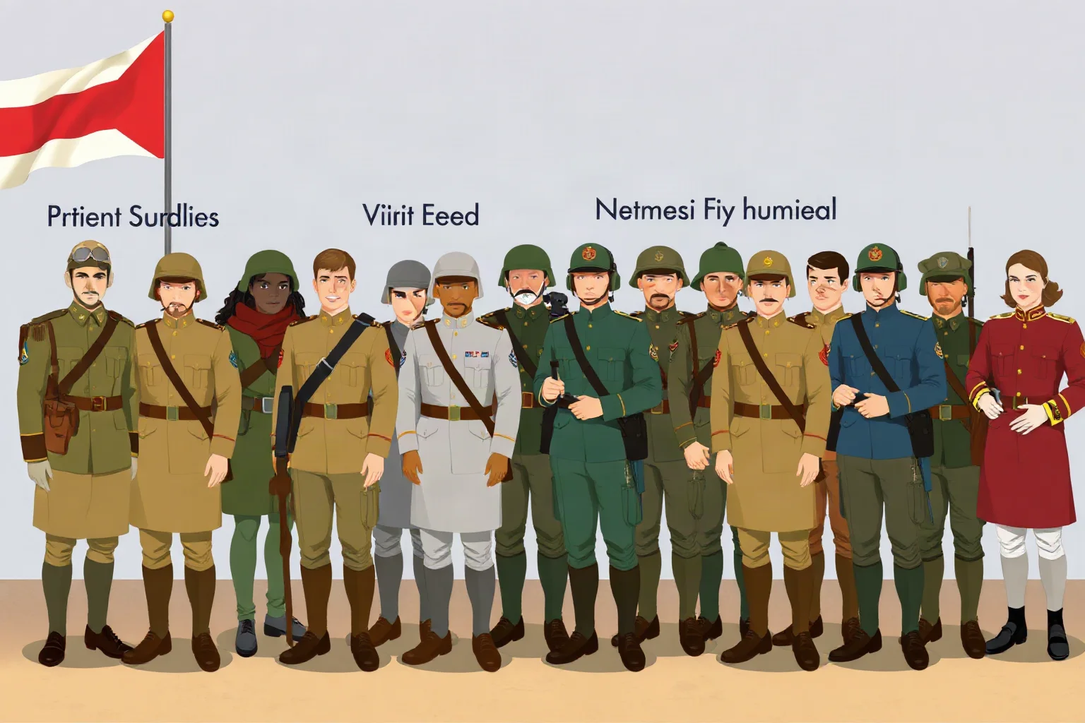 Illustration of diverse soldiers from different nations standing together in period uniforms near a supply line