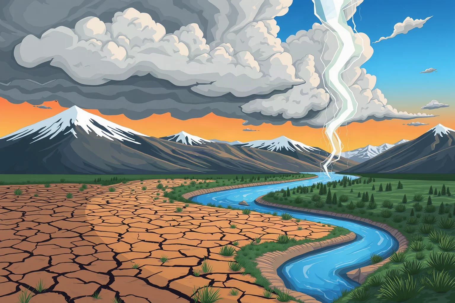 Illustration of drought-cracked earth, snow-capped mountains, and storm clouds converging over a river