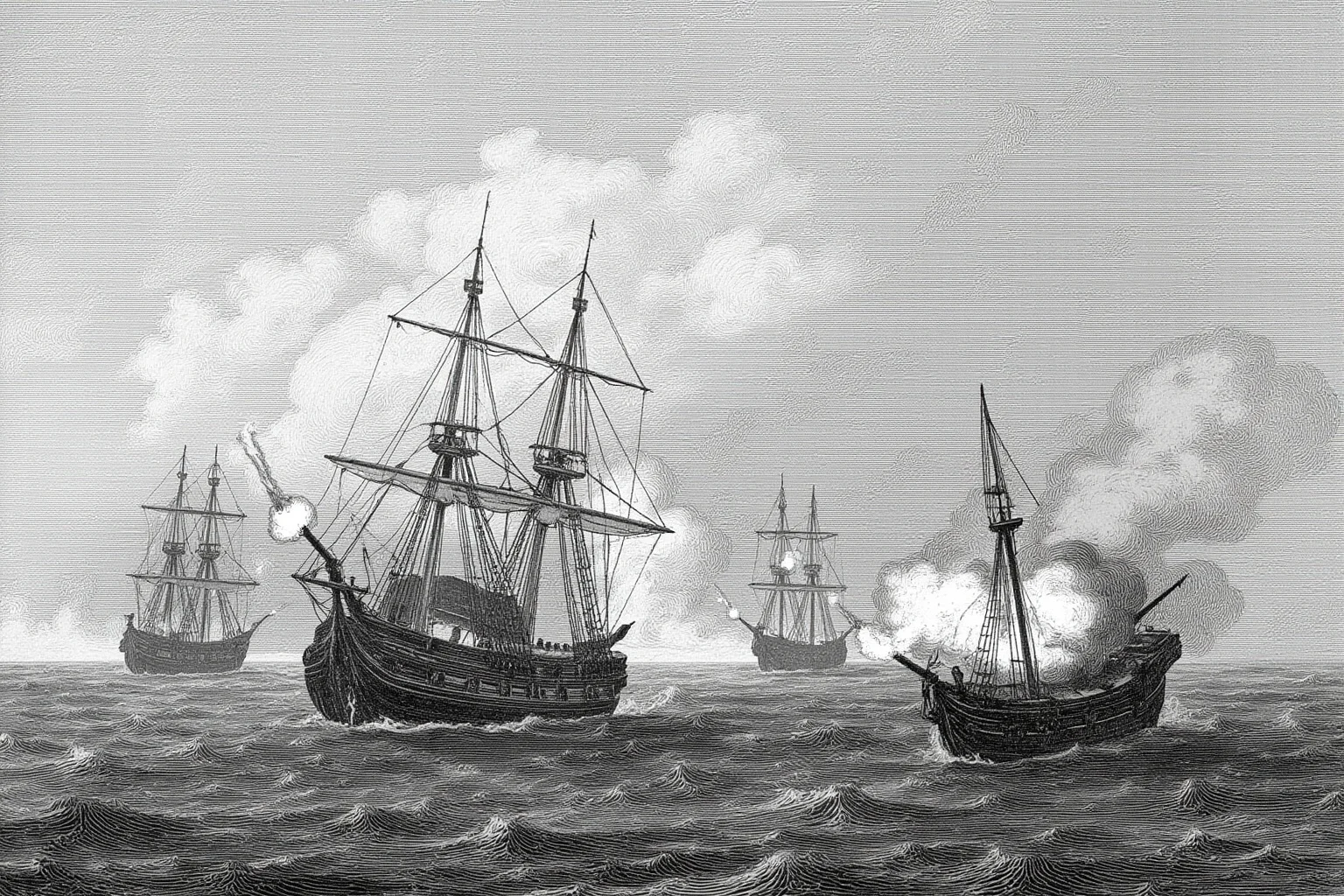 Illustration of early 19th-century sailing warships exchanging cannon fire in the Atlantic