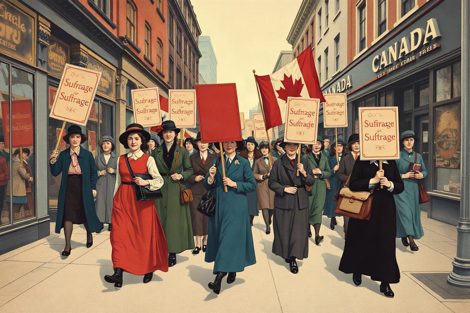 Illustration of early 20th-century women marching with suffrage banners in a Canadian city street, vintage poster style