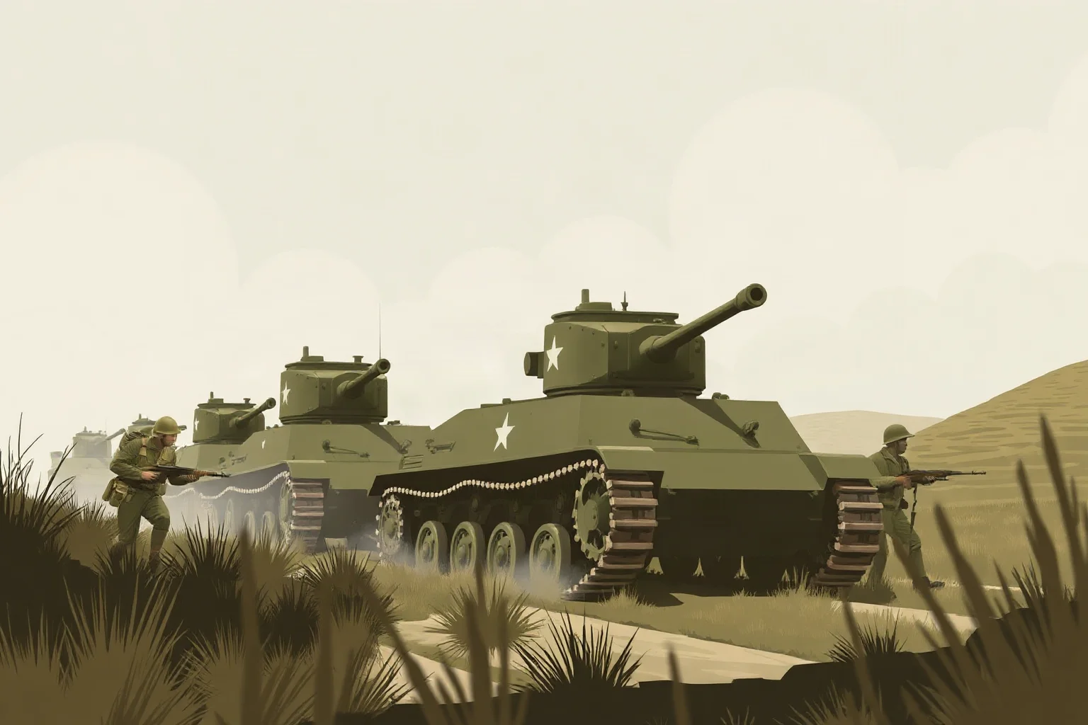 Illustration of early WWI tanks rolling forward across a battlefield followed by infantry