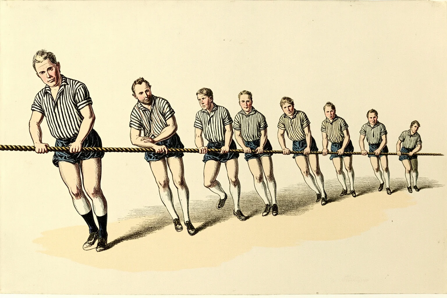 Tug of War Was Once an Olympic Sport—Here's Why It Got Removed 5 Illustration of eight athletes in old-fashioned striped uniforms leaning back hard on a thick rope mid-pull