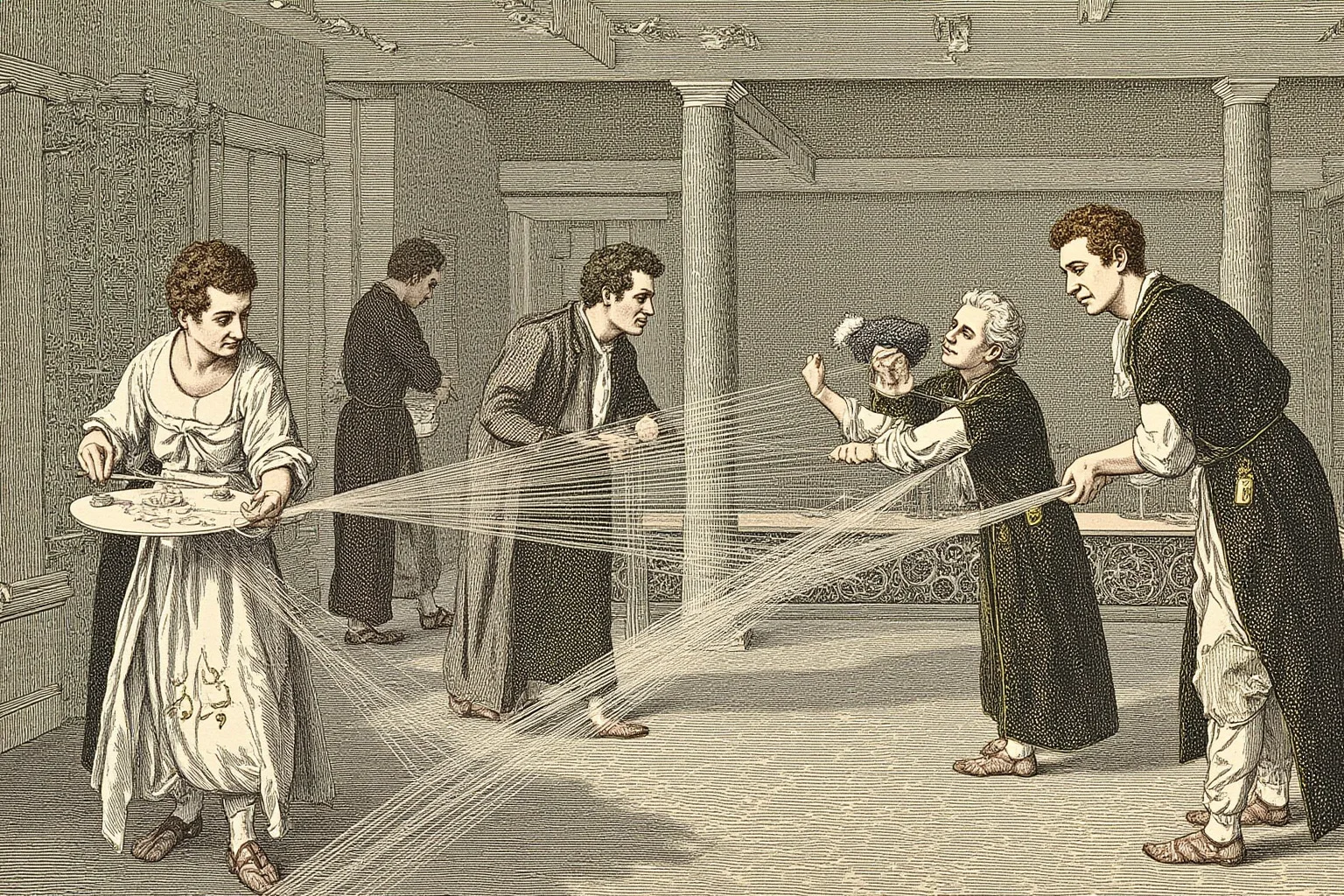 Illustration of elegant 18th-century confectioners hand-spinning sugar threads in a royal kitchen