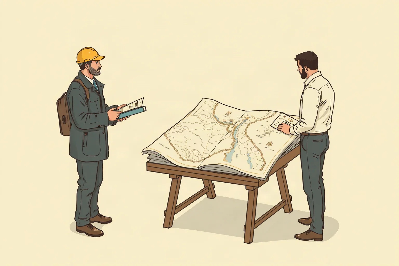 Illustration of engineers and researchers studying old flood maps and river charts