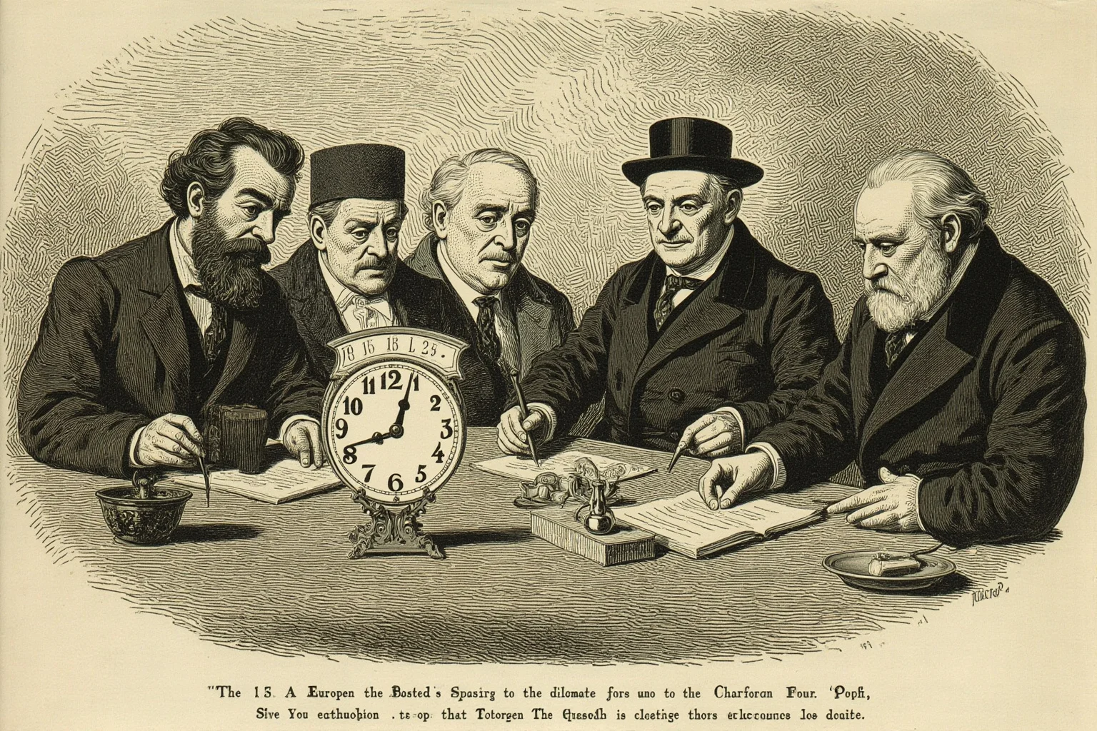 Illustration of European diplomats around a table with a ticking clock, early 1900s style