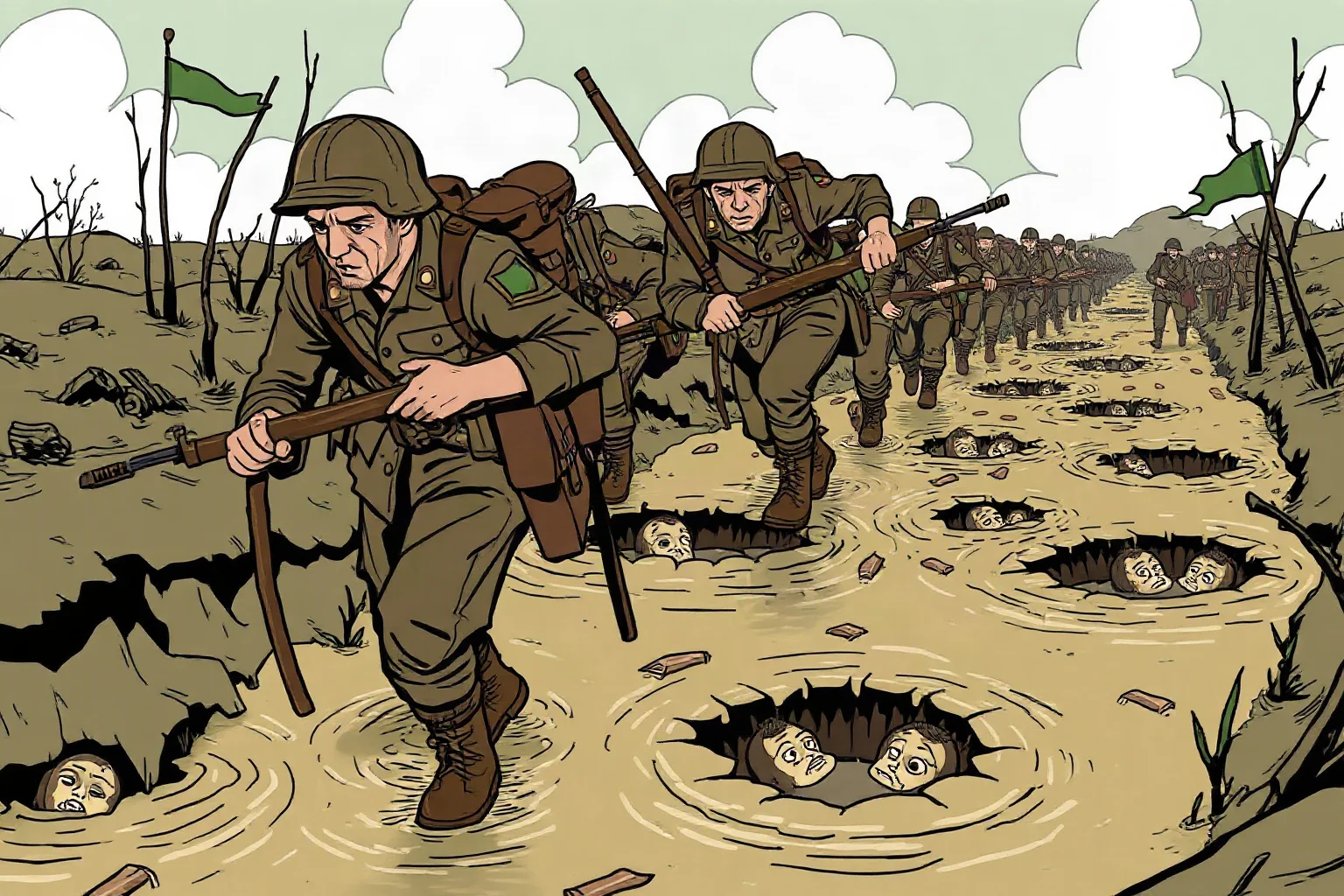 Illustration of exhausted WWI soldiers trudging through deep mud and flooded shell craters