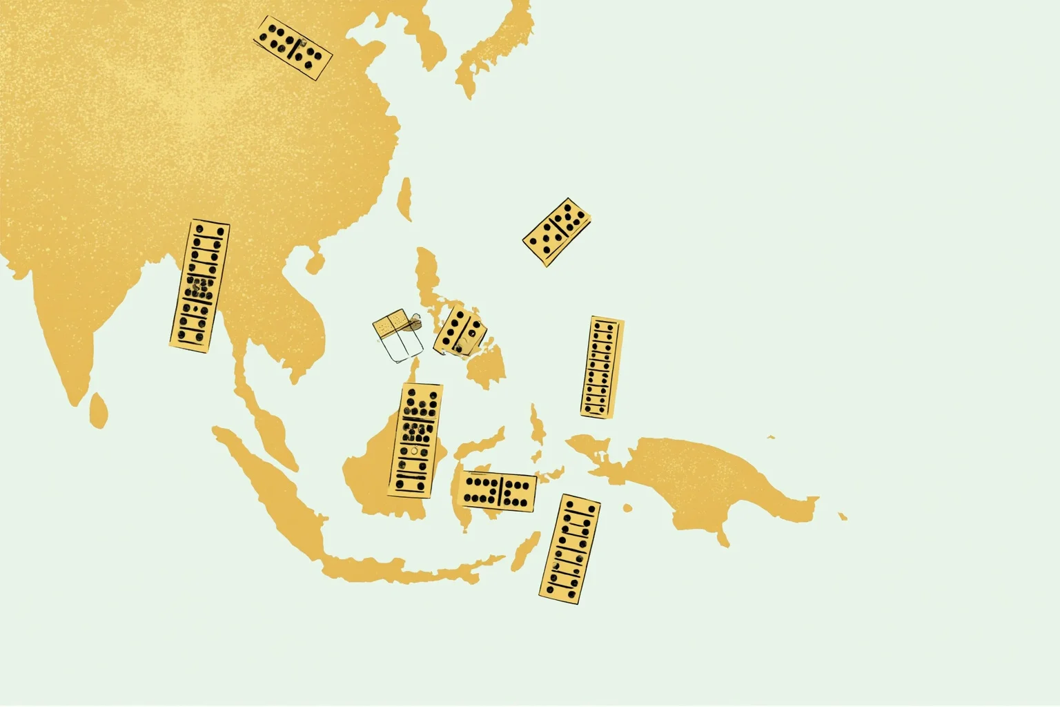 Illustration of falling dominoes over a map of Southeast Asia