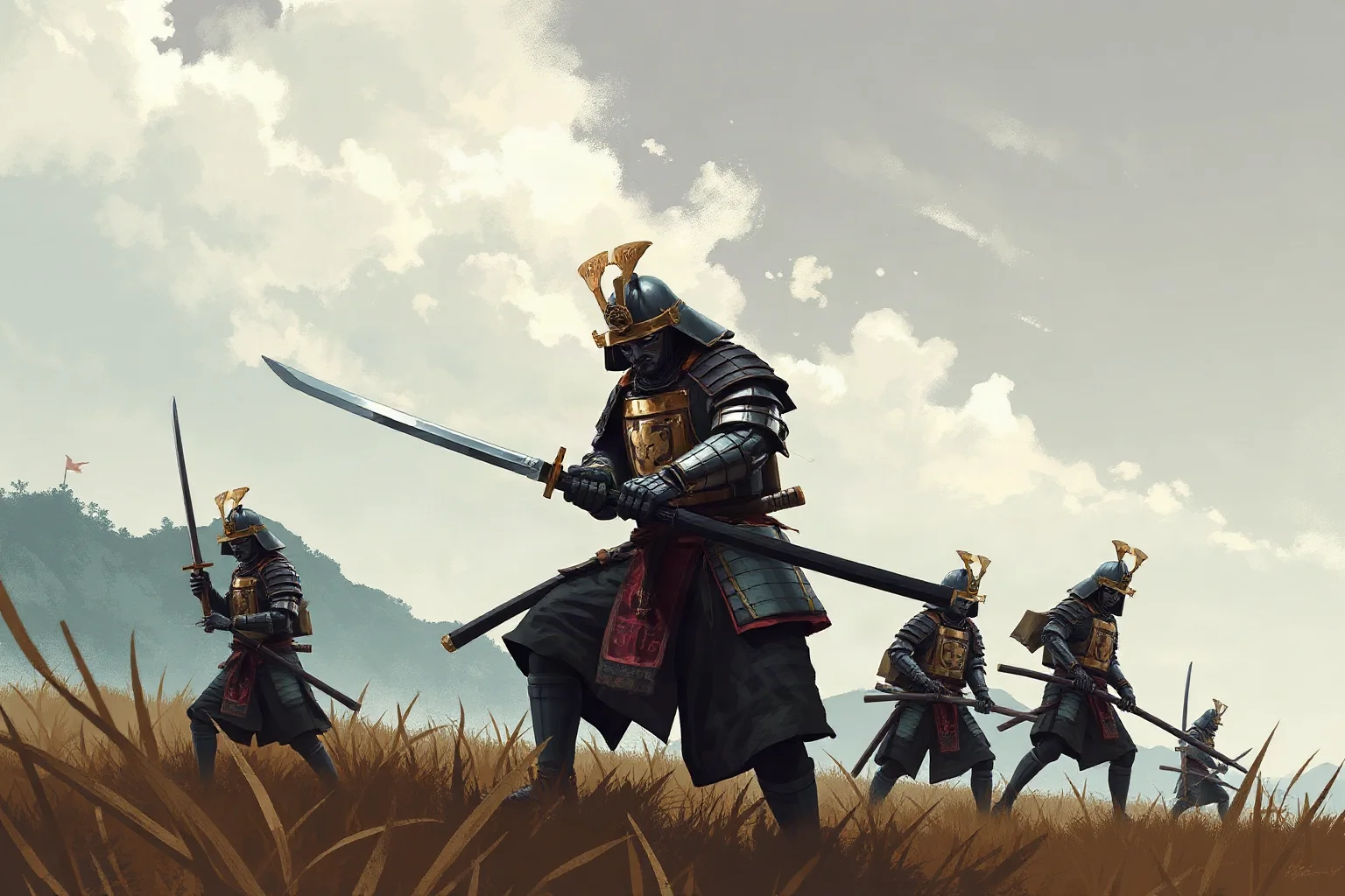 Illustration of feudal Japanese samurai in traditional armor holding katana on a battlefield