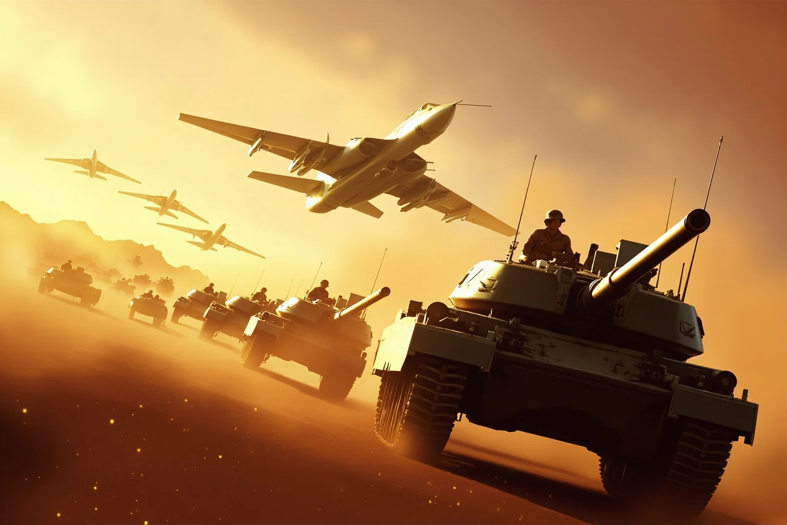 Illustration of fighter jets and armored columns advancing across a desert battlefield at dawn