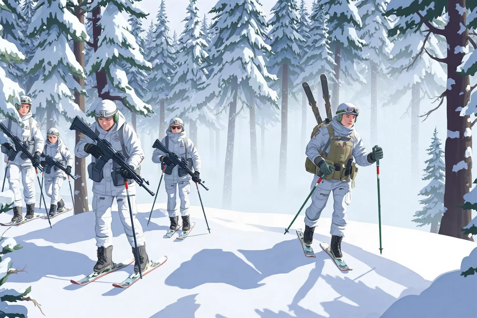 Illustration of Finnish ski troops in white winter camouflage against a snowy forest backdrop