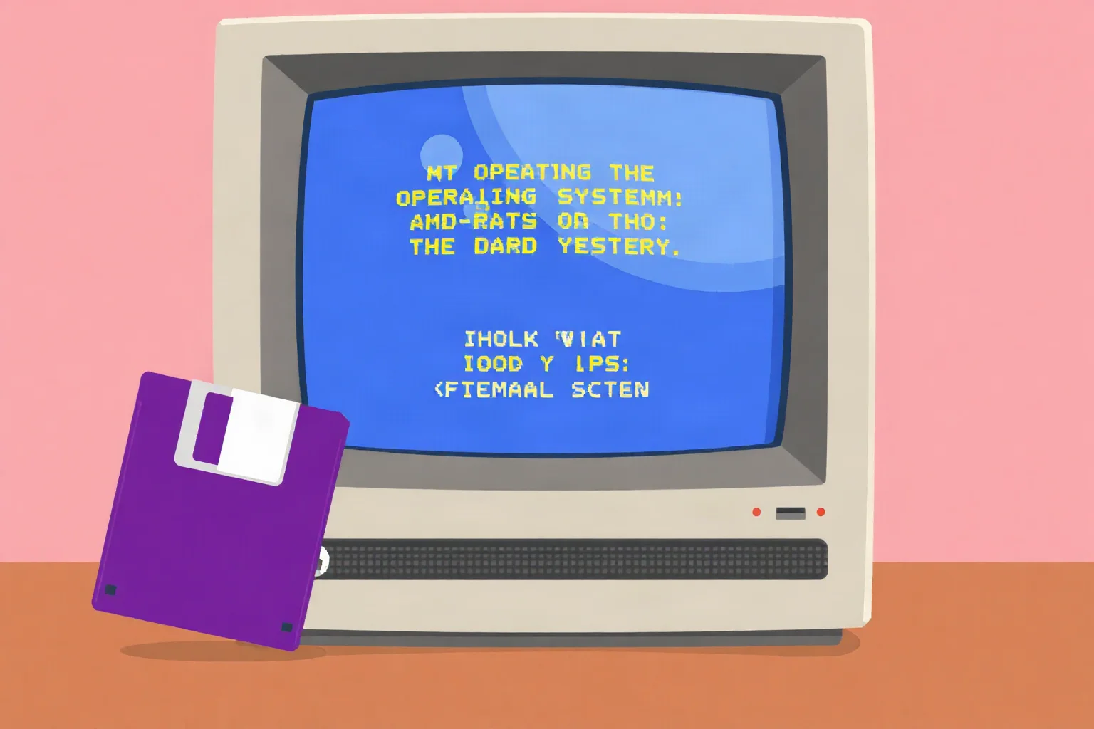 Illustration of floppy disks and an early operating system boot screen on a CRT monitor