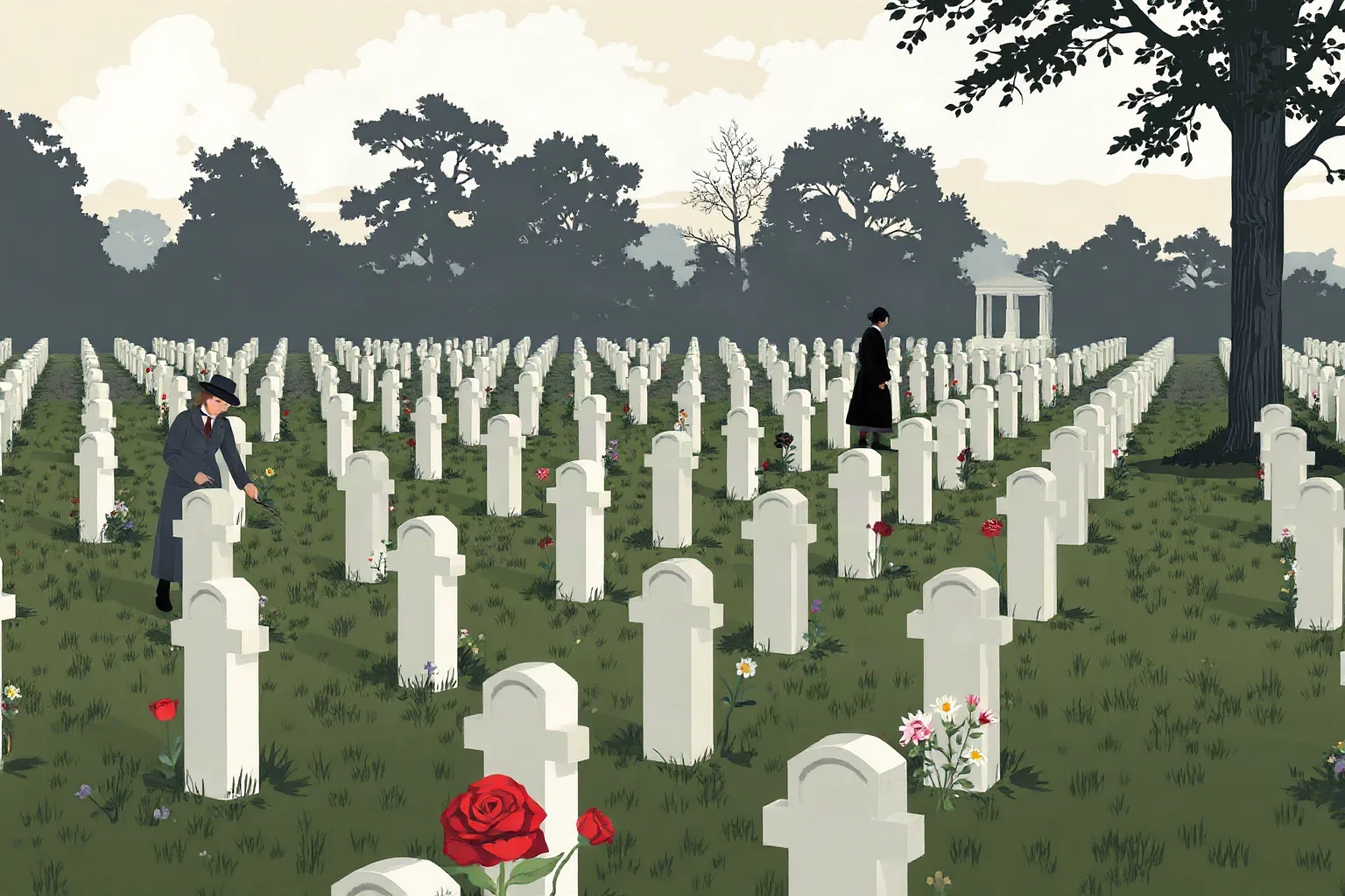 Illustration of freed families placing flowers on rows of soldiers' graves in a quiet cemetery, 1860s setting
