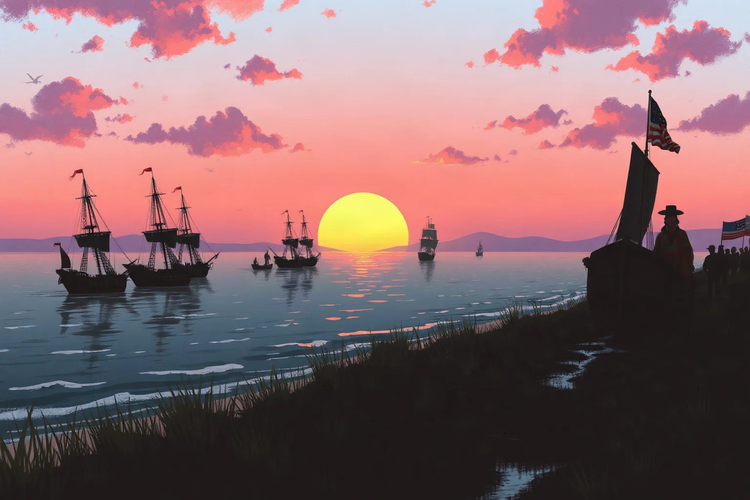 Illustration of French naval ships and soldiers landing on an American shoreline at dawn