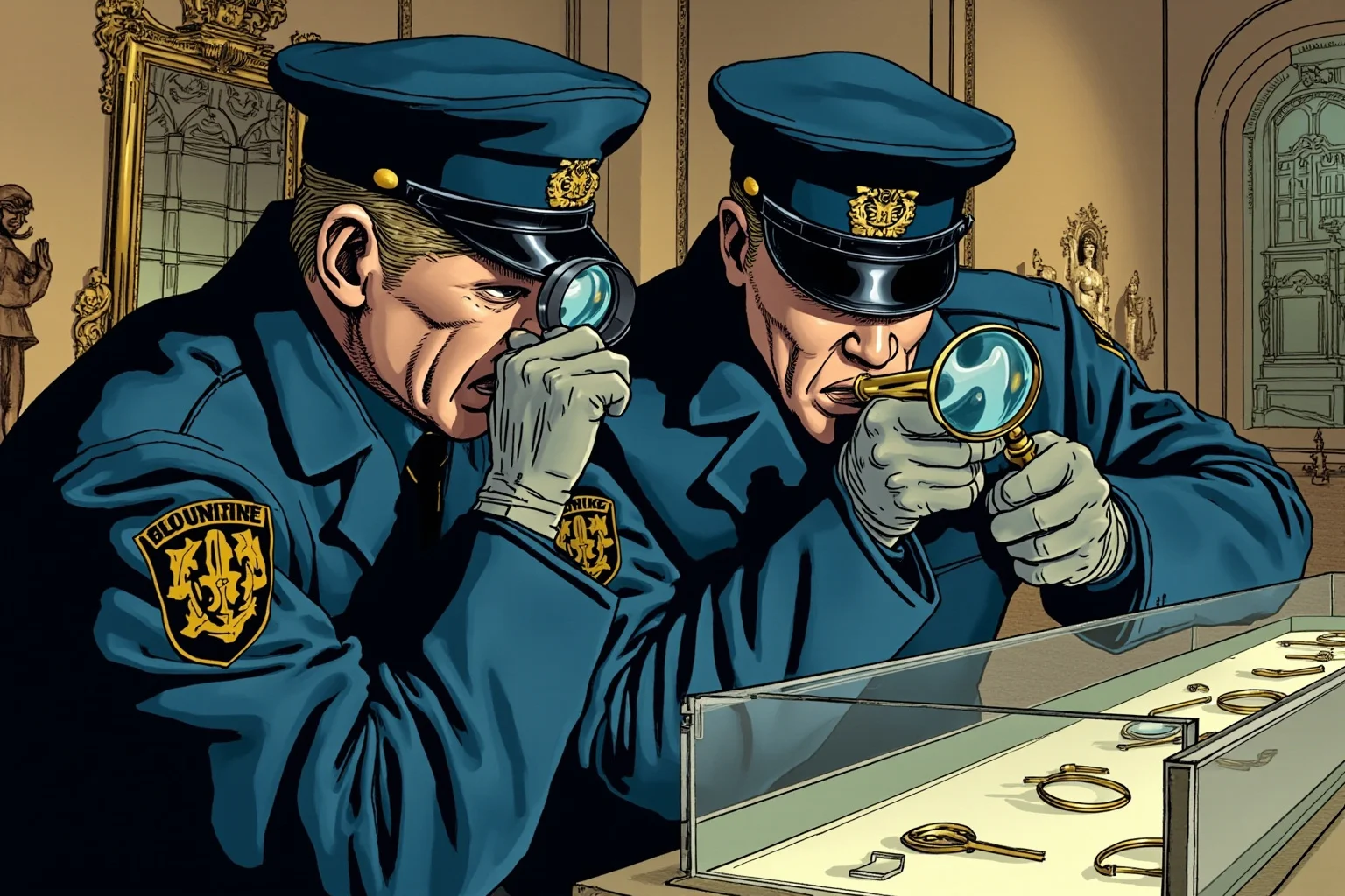 The Louvre Is No Stranger to Losing Millions: Inside the Museum's Biggest Heists 19 Illustration of French police investigators examining a museum display case with magnifying tools