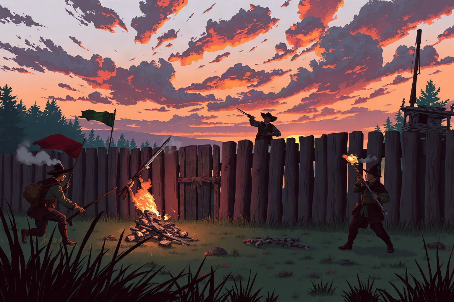 Illustration of frontier militia fighters storming a wooden fort palisade at dawn