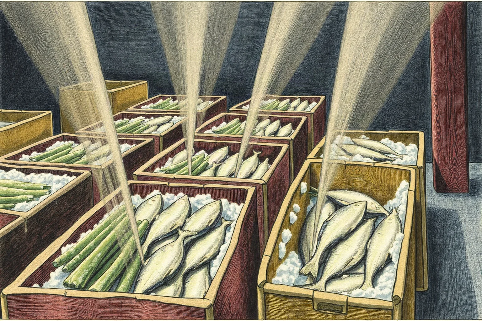 Illustration of frost-covered vegetables and fish being packed into boxes in an early 20th century freezing facility