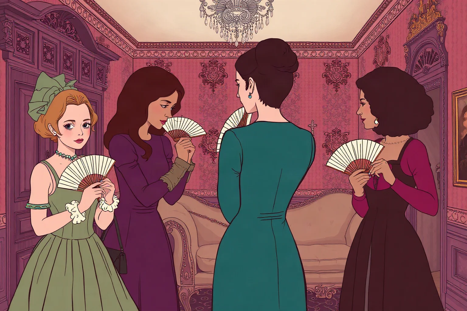 Illustration of Georgian-era socialites whispering behind fans in an ornate drawing room, evoking The School for Scandal