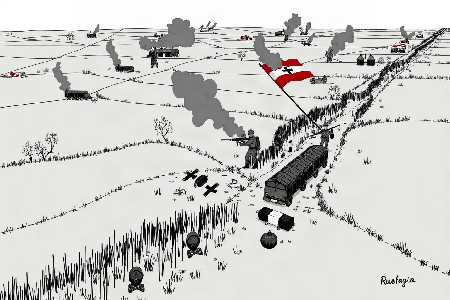 Illustration of German and Russian troops maneuvering across East Prussian farmland during a WWI encirclement battle