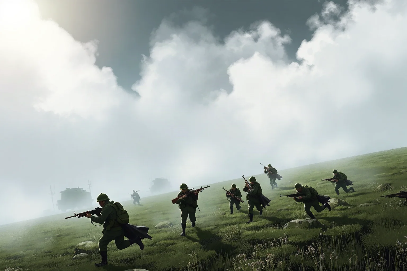 Illustration of German storm troops advancing rapidly through a foggy WWI battlefield in spring 1918