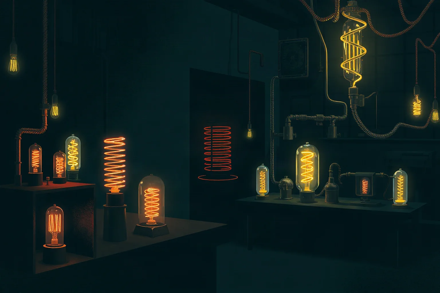 Illustration of glowing coils and early electrical experiment equipment in a dim laboratory, late 1800s style