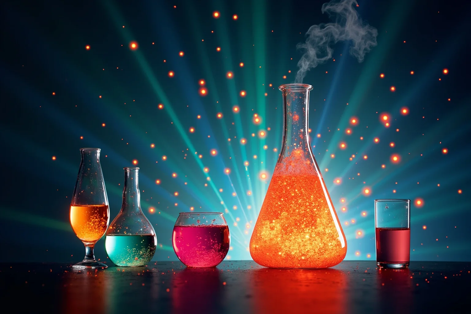 10 of History's Most Evil People & 10 of Its Greatest Heroes 19 Illustration of glowing laboratory glassware and radiant particles, symbolizing early scientific discovery