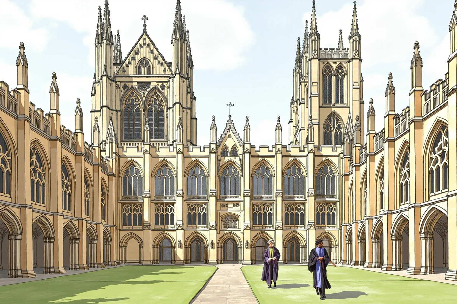 Illustration of Gothic spires and a medieval quadrangle at Oxford with students in academic robes walking